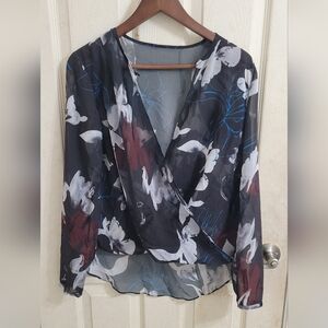 Reiss Black Floral Wrap Blouse with White and Blue Accents